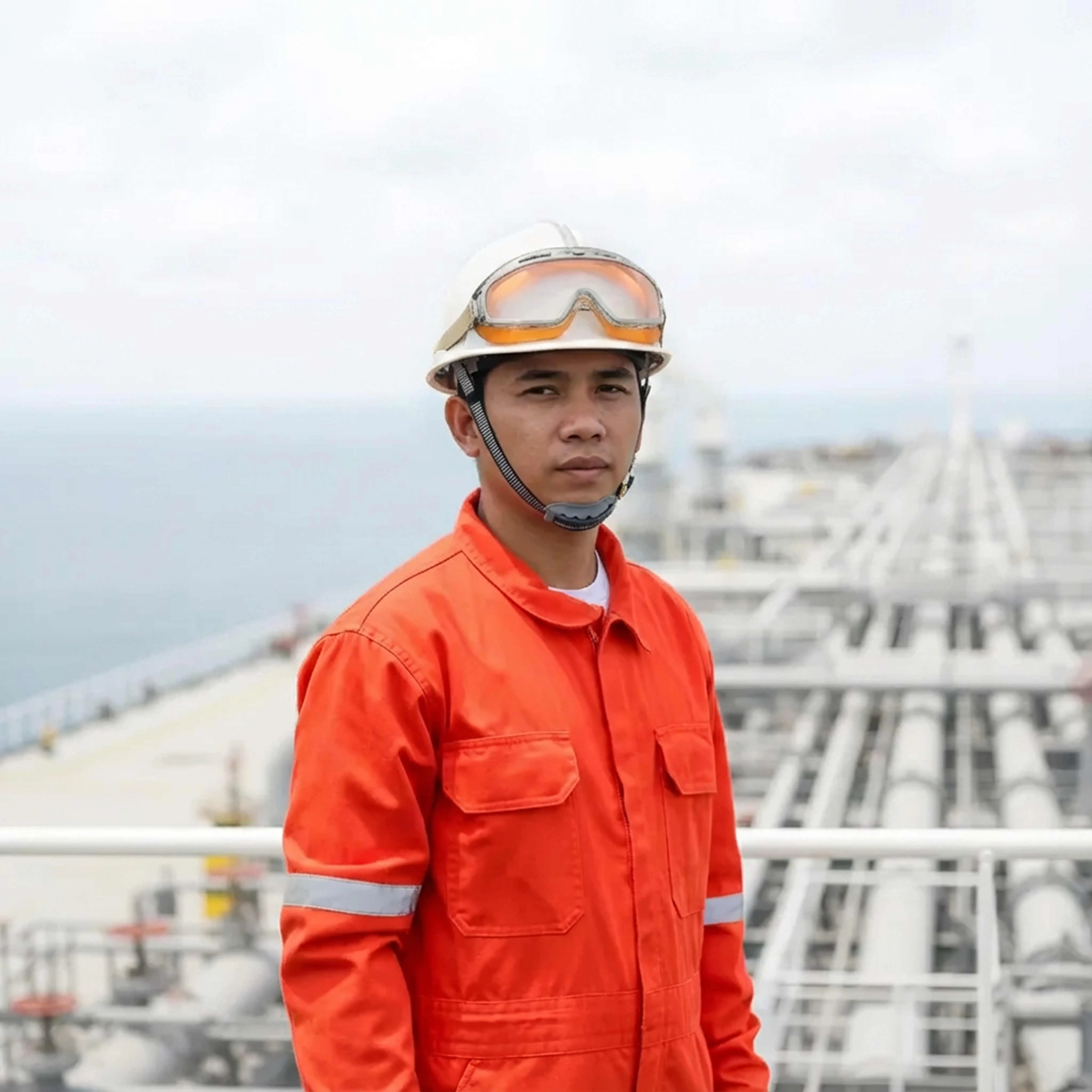 Seafarer in orange safety coveralls on offshore platform